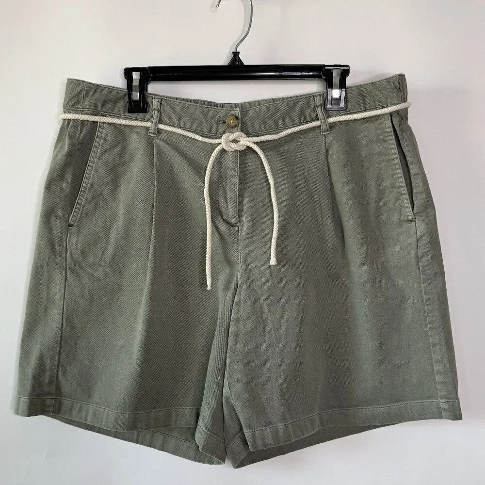 J.Jill Shorts Womens Sz 16 Olive Green Pleated Chino Belted Elastic Waist Twill